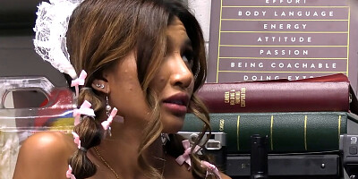 Shoplifting petite babe must pay the price for stealing