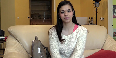 Shy brunette girl gets naked and masturbates at porn interview