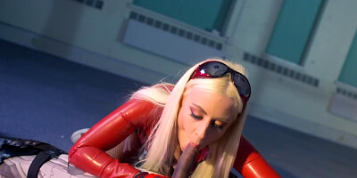 Redhead in latex is being fucked by that masked dude