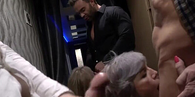 Boy and old perverts copulate with sluts in backroom