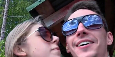 Young couple walking in the woods fucked