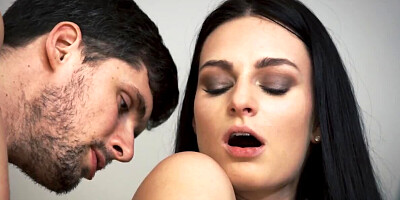 Foot fetishist fucks the dark-haired girlfriend on the table