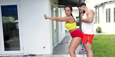 Pig-tailed Latina skillfully implicates the yoga coach in sex