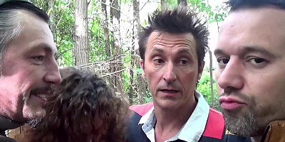 Curly babe gets both holes fucked by huge cocks