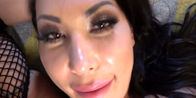 A dark babe has a dick shoved into her wet pussy lips