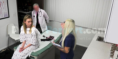 Shy petite girl Kyler Quinn feels a bit strange while her older doctor touches her yummy pussy