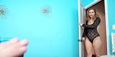 Lustful redhead stepgrandma Sedona Reign tastes cum after sucking and riding a hard cock POV