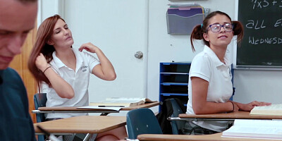 Adorable schoolgirl Izzy Bell is on her knees in conforming a filthy oral to his classmate Justin Hunt