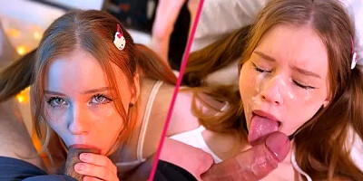 Gentle Blowjob with a Deepthroat from a Pretty Roommate with Ponytails