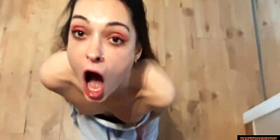 Insane teenager dark-haired is getting down on all fours on the floor while givng a dt to her roomie