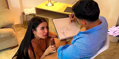 Artist Cant Hold Back and Jerks off while Drawing Naked the Big Tits of Hot ...