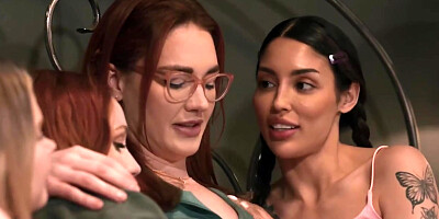 Redhead milf stepmom has sex with her stepdaughter and bffs