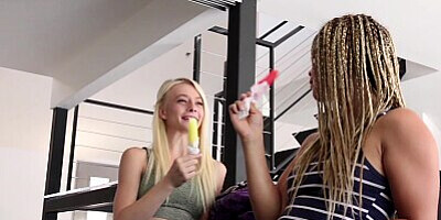 Two chicks get naughty and please each other after eating ice cream