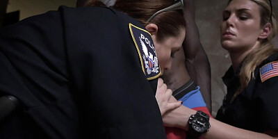 Two depraved female cops are sharing BBC on the staircase