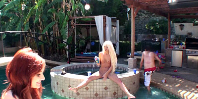 Hot bitches that love cock have a party by the pool outdoors