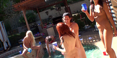 Hot bitches that love cock have a party by the pool outdoors