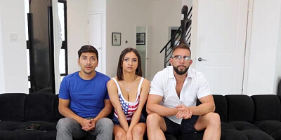 Super busty brunette gets fucked by two horny men