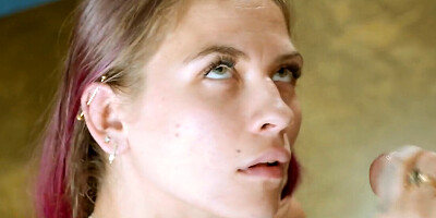 Cute starlet with dyed hair goes down on her knees