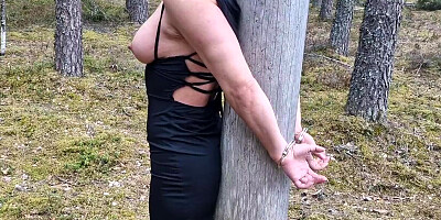 Handcuffed Milf On The Tree In Public Forest And Fucking Her Hard