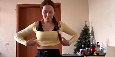 A schoolgirl with big breasts saddled a guy