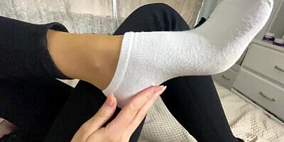 White Seamless Shiny Pantyhose and Nylon Gloves - Tan Pantyhose Masturbation and Fuck