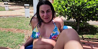 I met Enni Roud by the pool and she offered to have sex while her boyfriend was in the shower