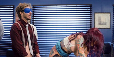 Big Tits at Work - Shaved pussy Monique Alexander blindfolded