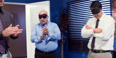 Big Tits at Work - Shaved pussy Monique Alexander blindfolded