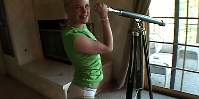 Little Summer strip and masturbate while seeing with binocular