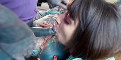 Heavily inked couple has anal threesome with lovely brunette