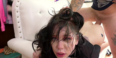 Submissive girl brutally throated and fucked on the couch