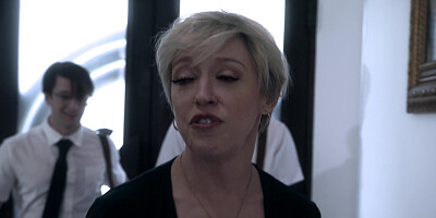 Busty MILF fucks two hung teen preachers