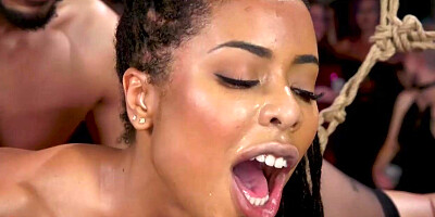 Brunette and ebony bound and fucked