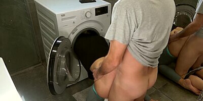 Stepmother stuck in the washing machine so I fuck her, cum filled pussy