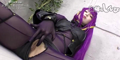 Asian honey with violet hair is opening up her gams broad open while frolicking with her labia
