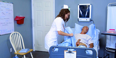 A brunette nurse with a sexy ass is getting her ass grabbed and slapped