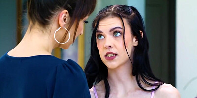 Stepdaughter covers busty stepmoms strapon by sitting on it