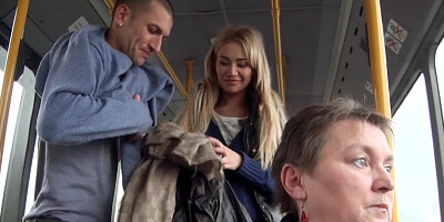 A blonde is getting fucked hard in the bus while people are looking