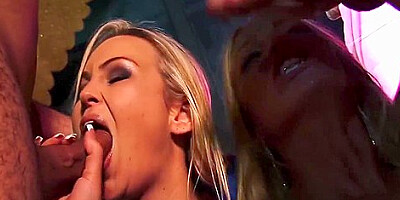 Cassie and Abbey pull their panties aside and get covered in cum in wild gang