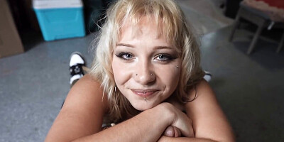 Stunning little blonde with cute boobs sucks cock and fucks it