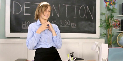 Ella Woods squatting on the guy's cock in the classroom