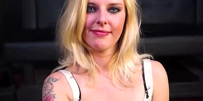 Trashy blonde with intense makeup gets fucked on all fours