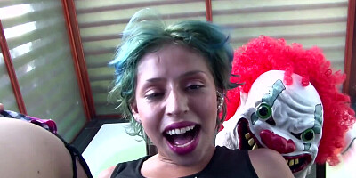Three slutty girls and masked man are fucking at cosplay party