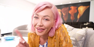 Pink hair stepmom with fake lips gets fucked in POV