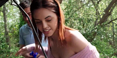 Hot woman with perfect boobs fucked inside a car