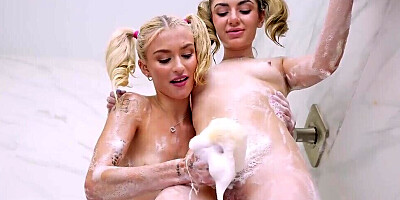 Erotic lezzie play at the shower with two petite girls on fire
