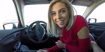 Young blonde sucks dick behind the wheel and strips to fuck