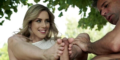 Blonde is about to drain him with her immaculate feet