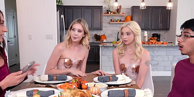 Thanksgiving threesome with two perfect teen bitches