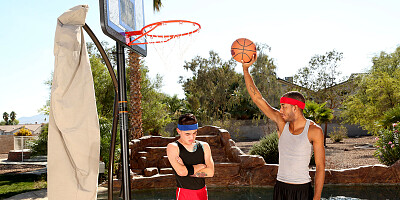 Horny brunette slut outdoors fucked by two basketball studs